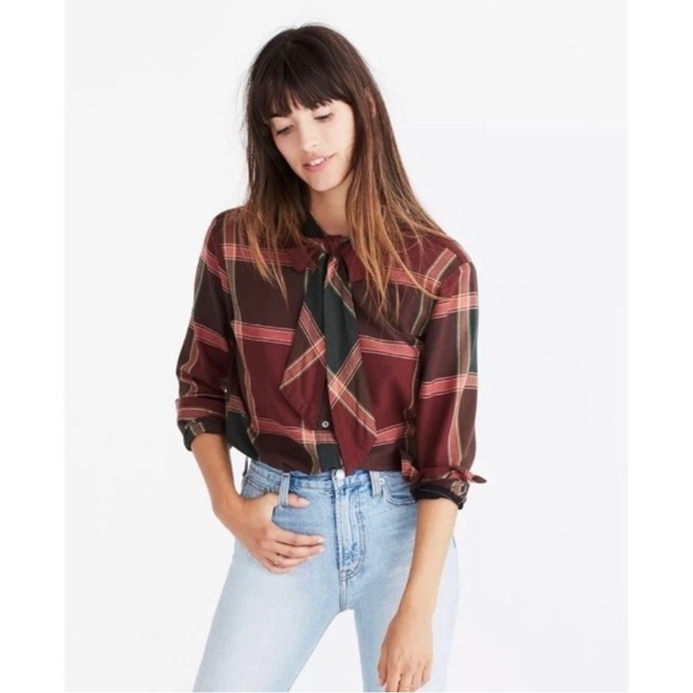Plaid Tie-Neck Shirt